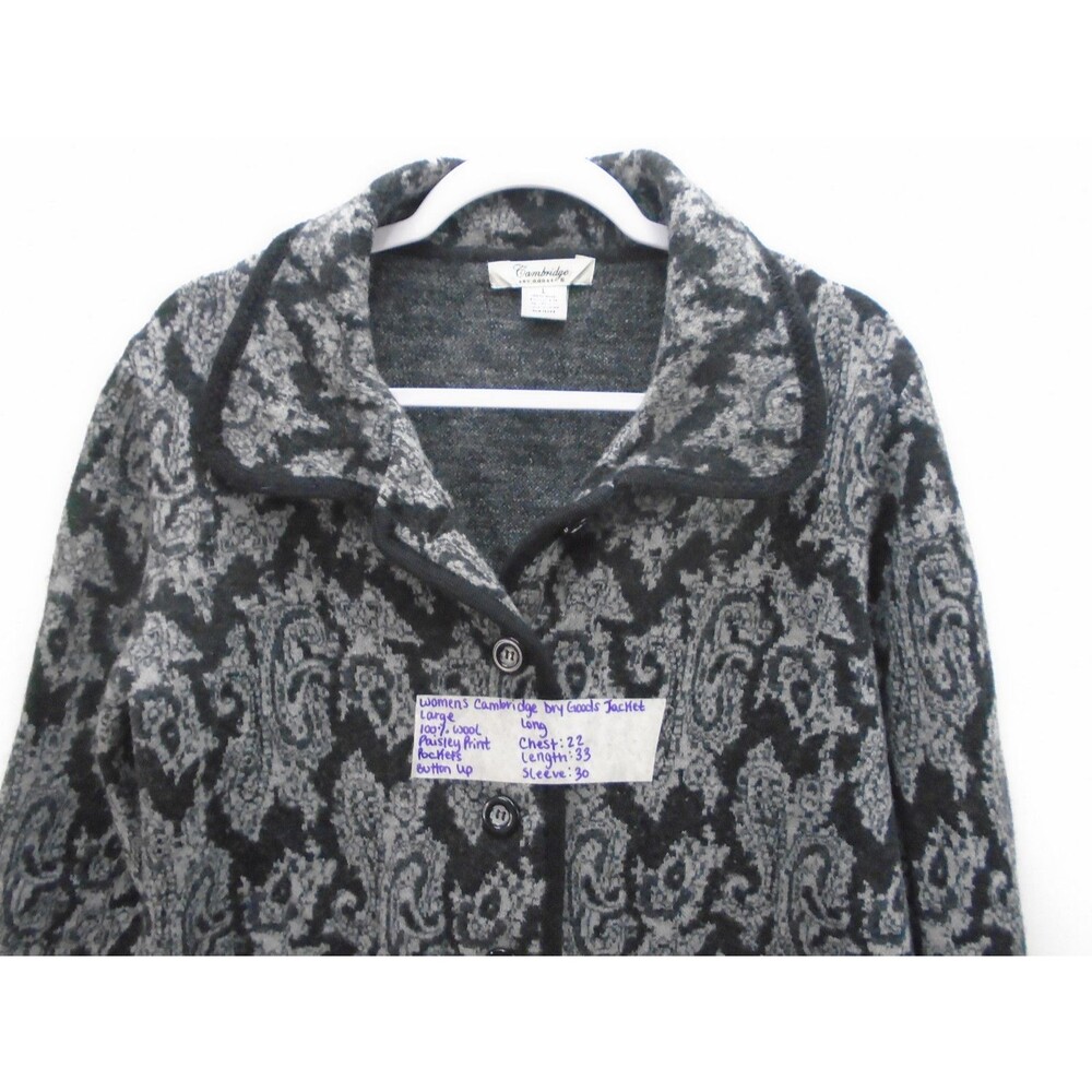 Cambridge Dry Goods Womens Size L Sweater Coat 100% Wool Black Gray Paisley - Picture 2 of 11